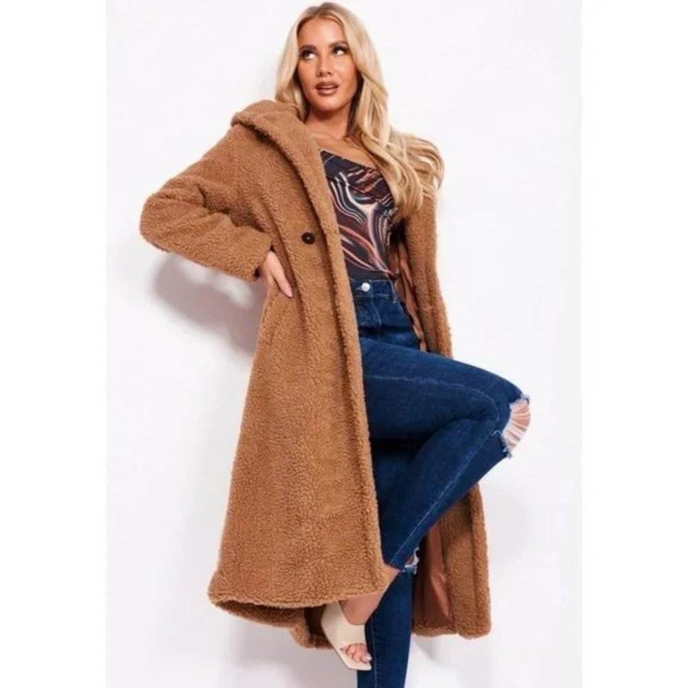 Brown Long Sleeve Hooded Hoodie Long Maxi Borg Teddy Bear Fur Coat - Picture 12 of 15